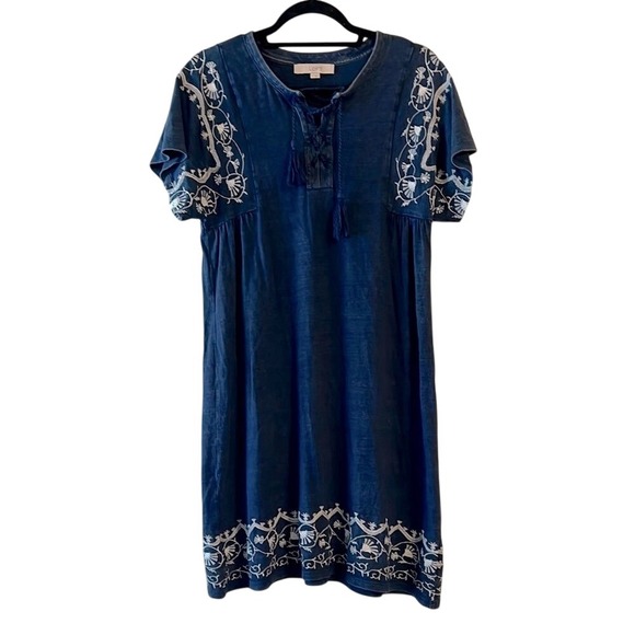LOFT Dresses & Skirts - Boho Embroidered Denim Tassel Mini Dress Blue Embellished Tunic by LOFT Small